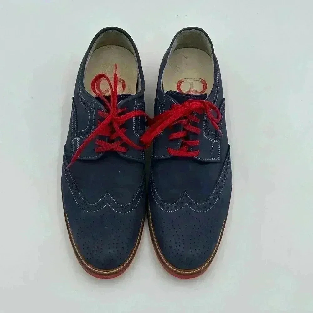 Custom Made Blue Suede Wingtip Men’s Shoes with Red Soles & Laces | Size 9 - Picture 3 of 10